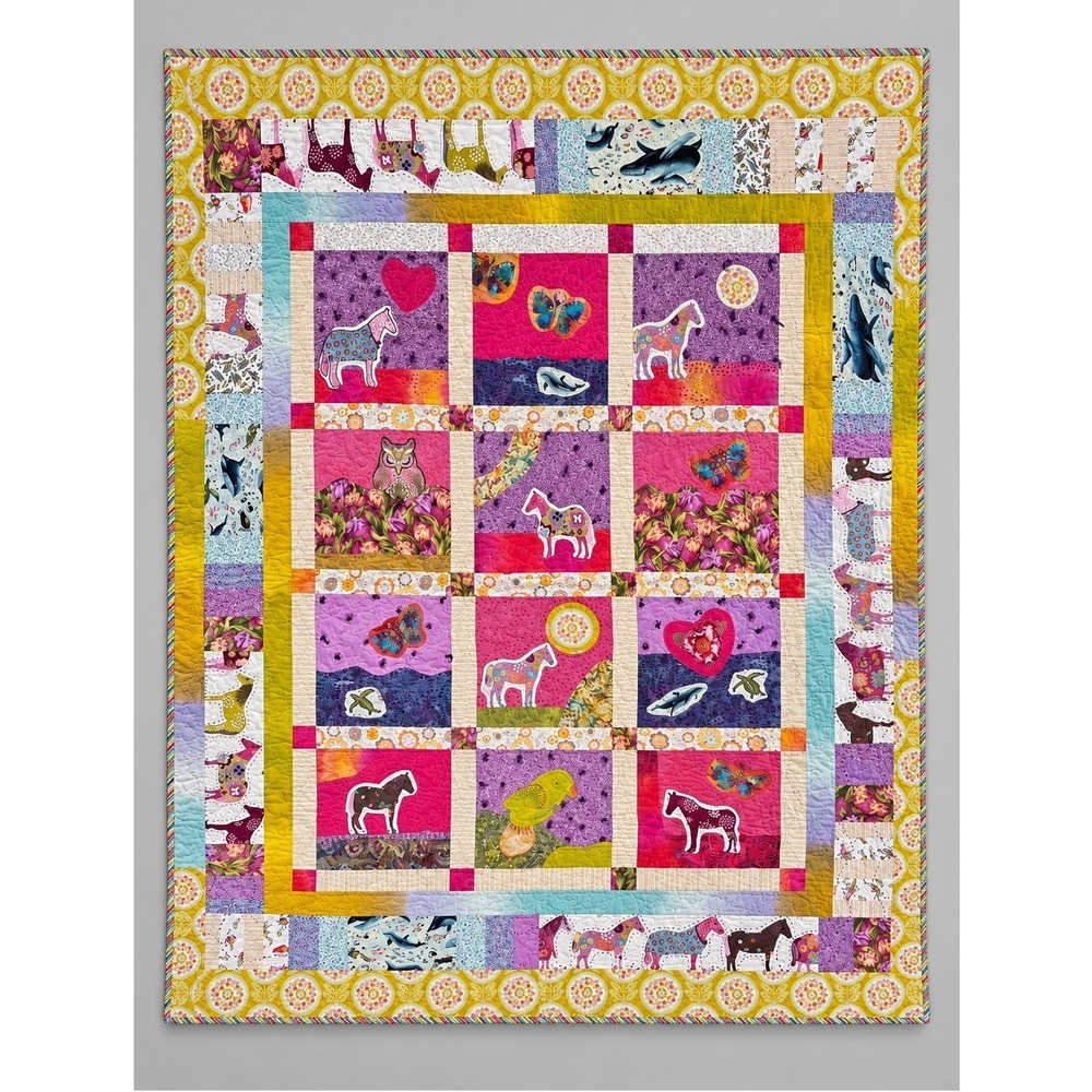 Handmade Patchwork Sampler Quilt Tula Pink Fabric Animal Horse Whale Throw 76x60